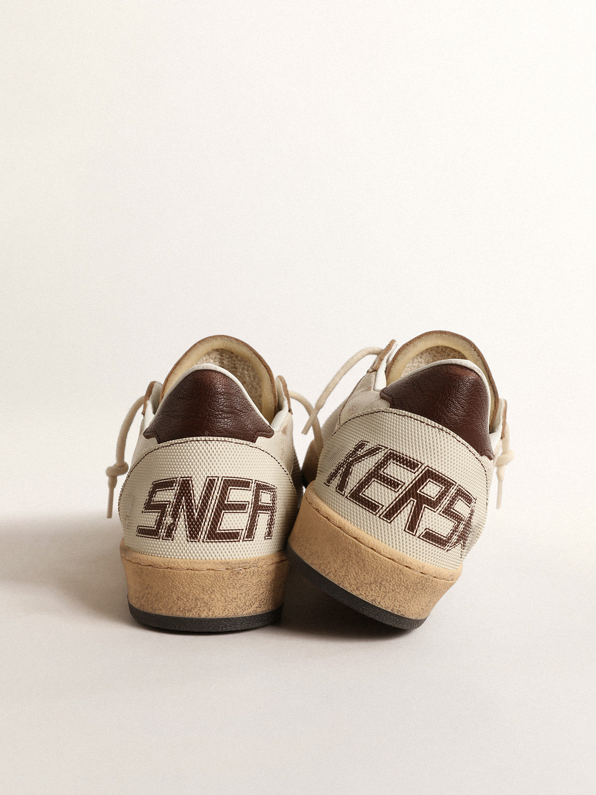 Ball Star LTD in ecru leather and white mesh with brown star| Golden Goose
