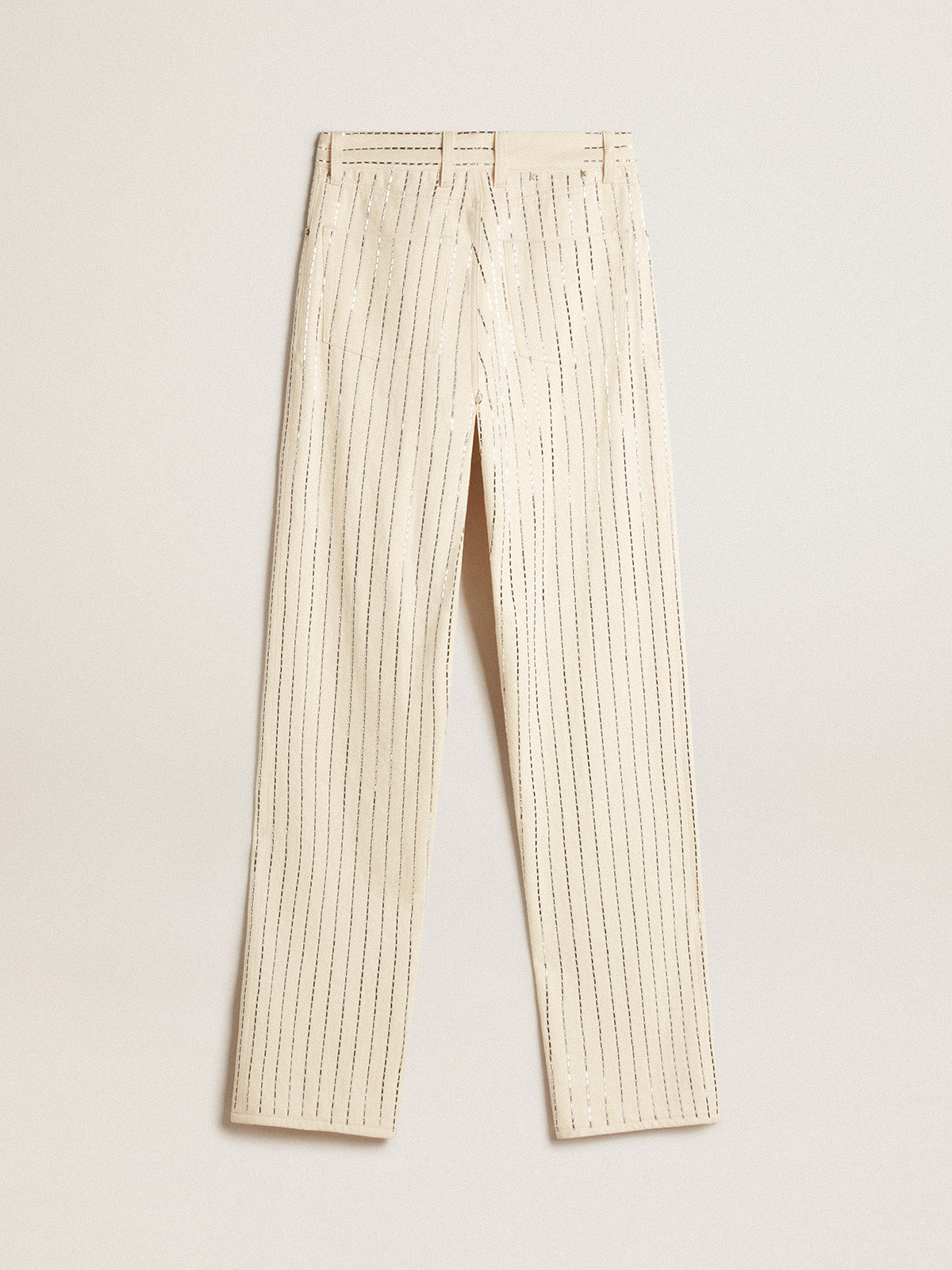 White pants with baguette-shaped studs| Golden Goose