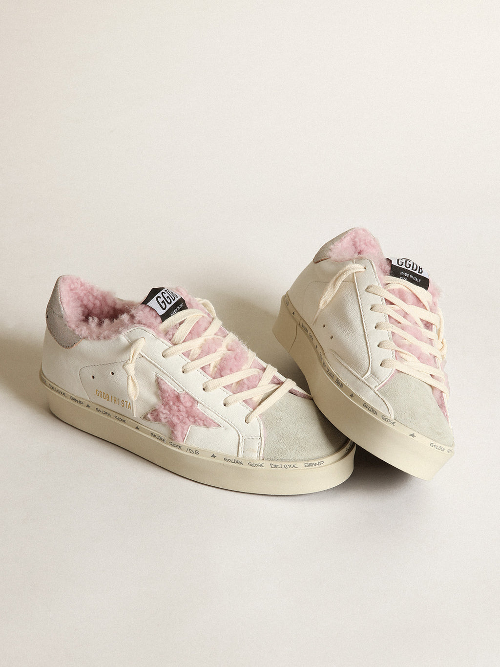Hi Star in white nappa with pink shearling star and lining| Golden Goose