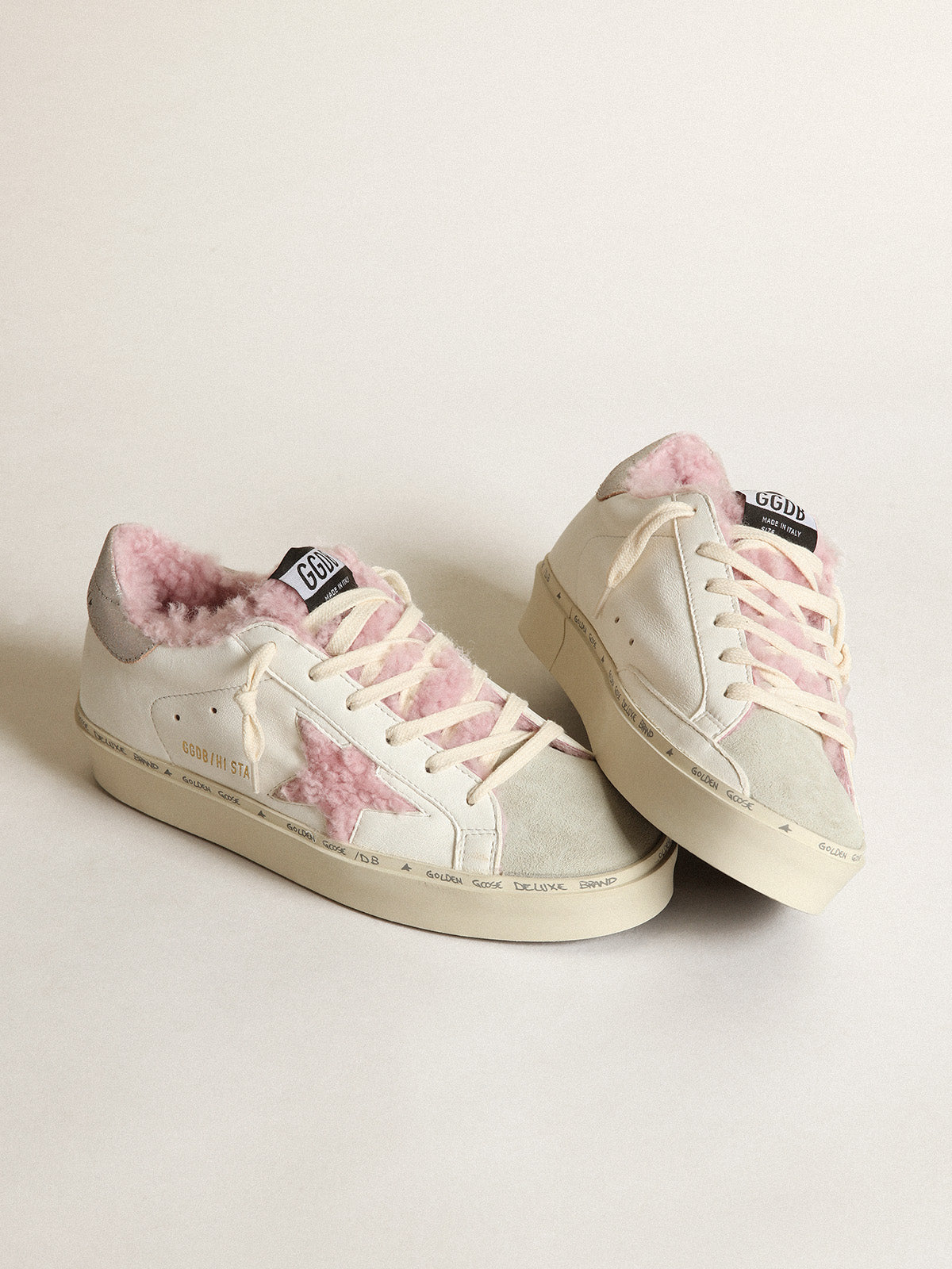 Hi Star in white nappa with pink shearling star and lining| Golden Goose