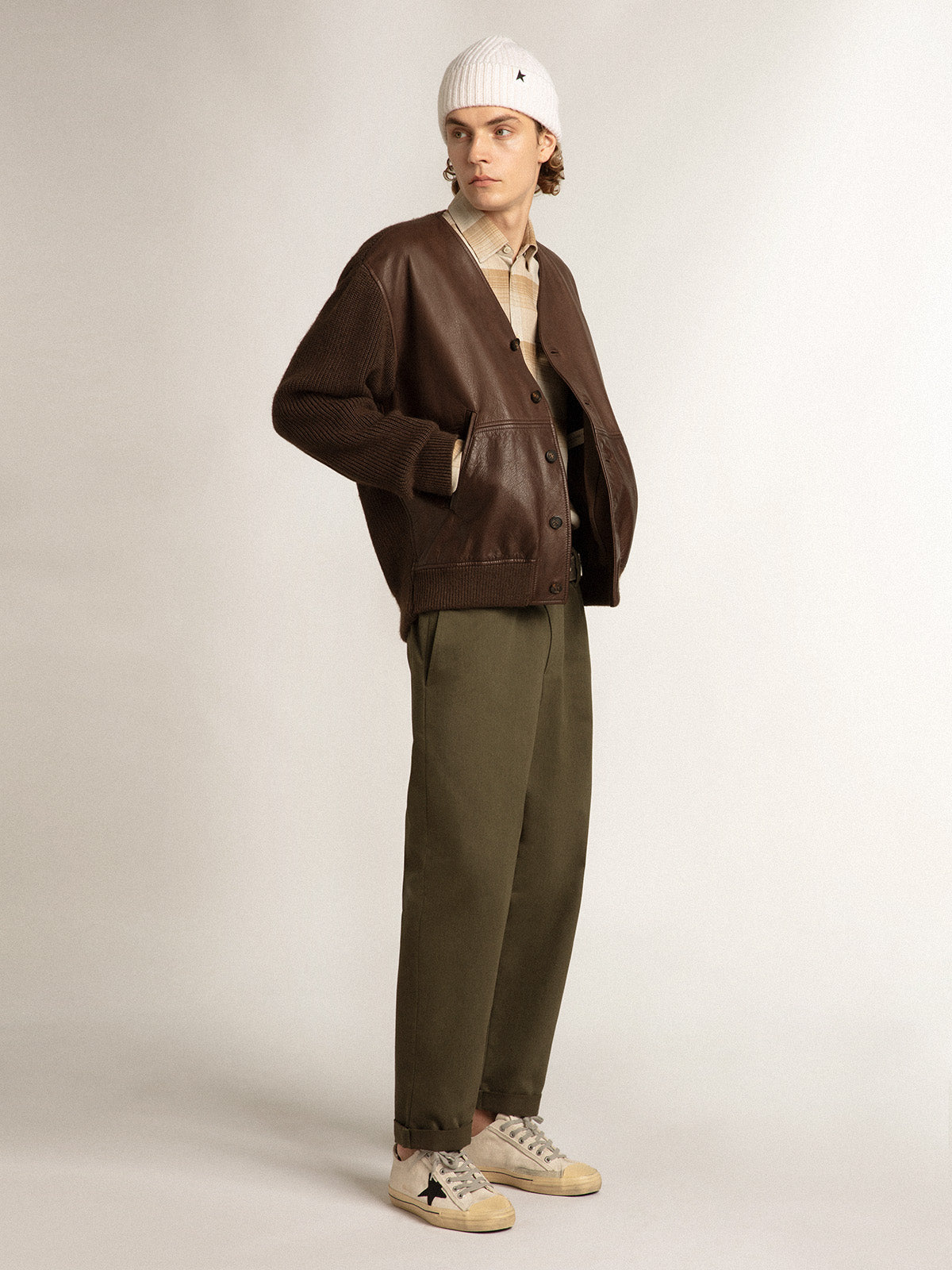 Chocolate-colored leather and knit V-neck cardigan| Golden Goose