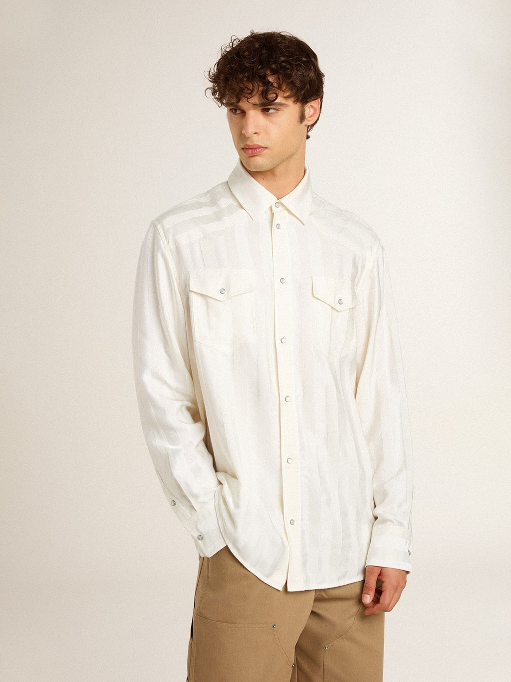 Men's oversized worn-white shirt with vertical stripes| Golden Goose