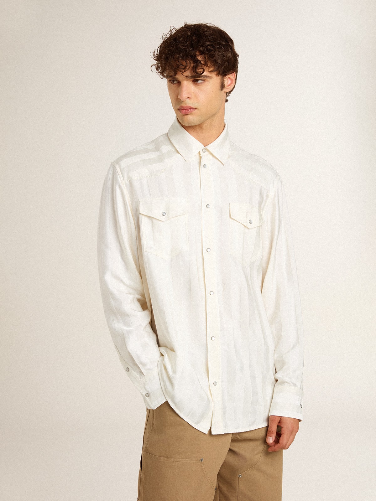Men's oversized worn-white shirt with vertical stripes| Golden Goose