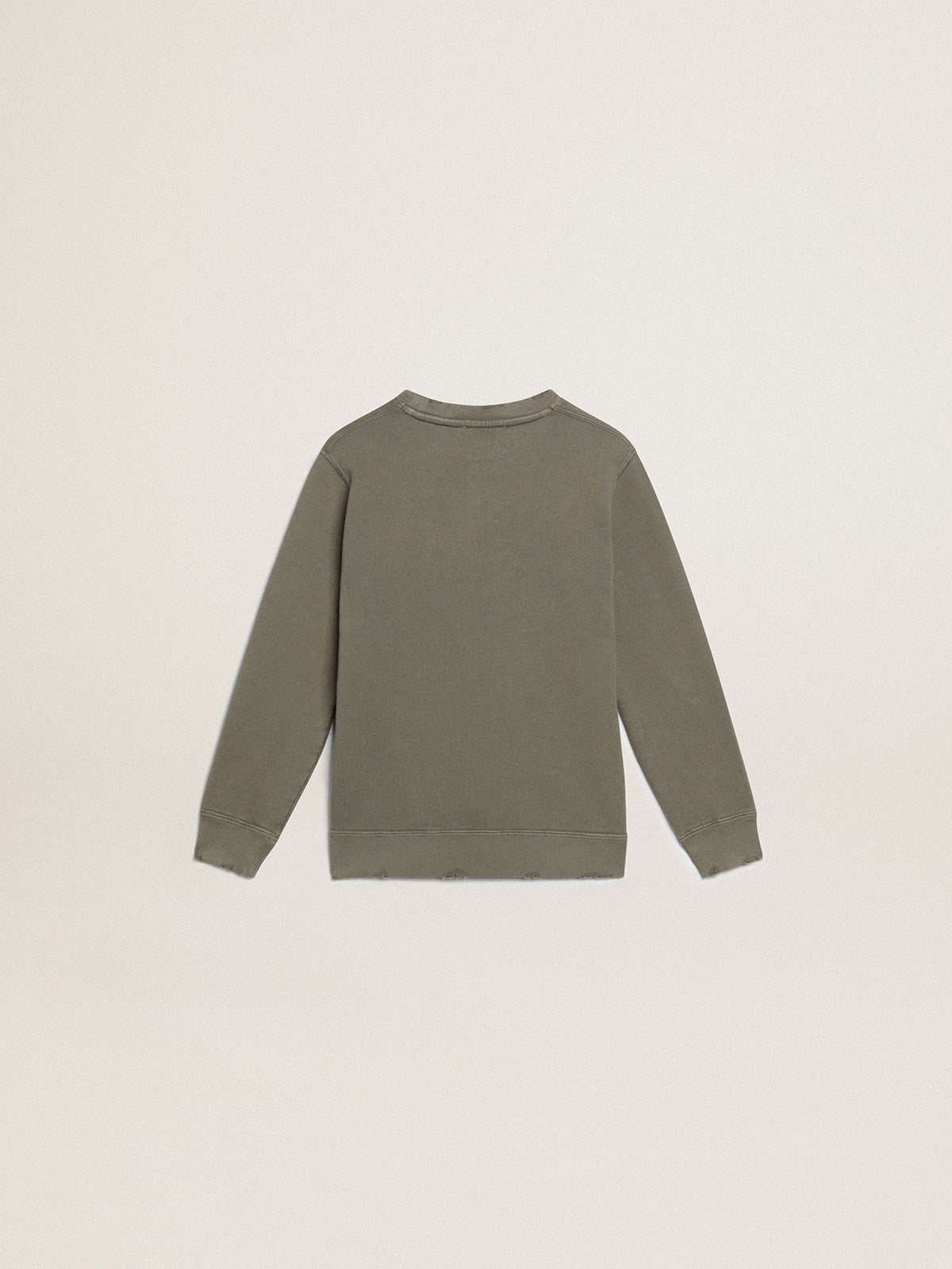 Distressed olive-green sweatshirt with Golden lettering on the front| Golden Goose