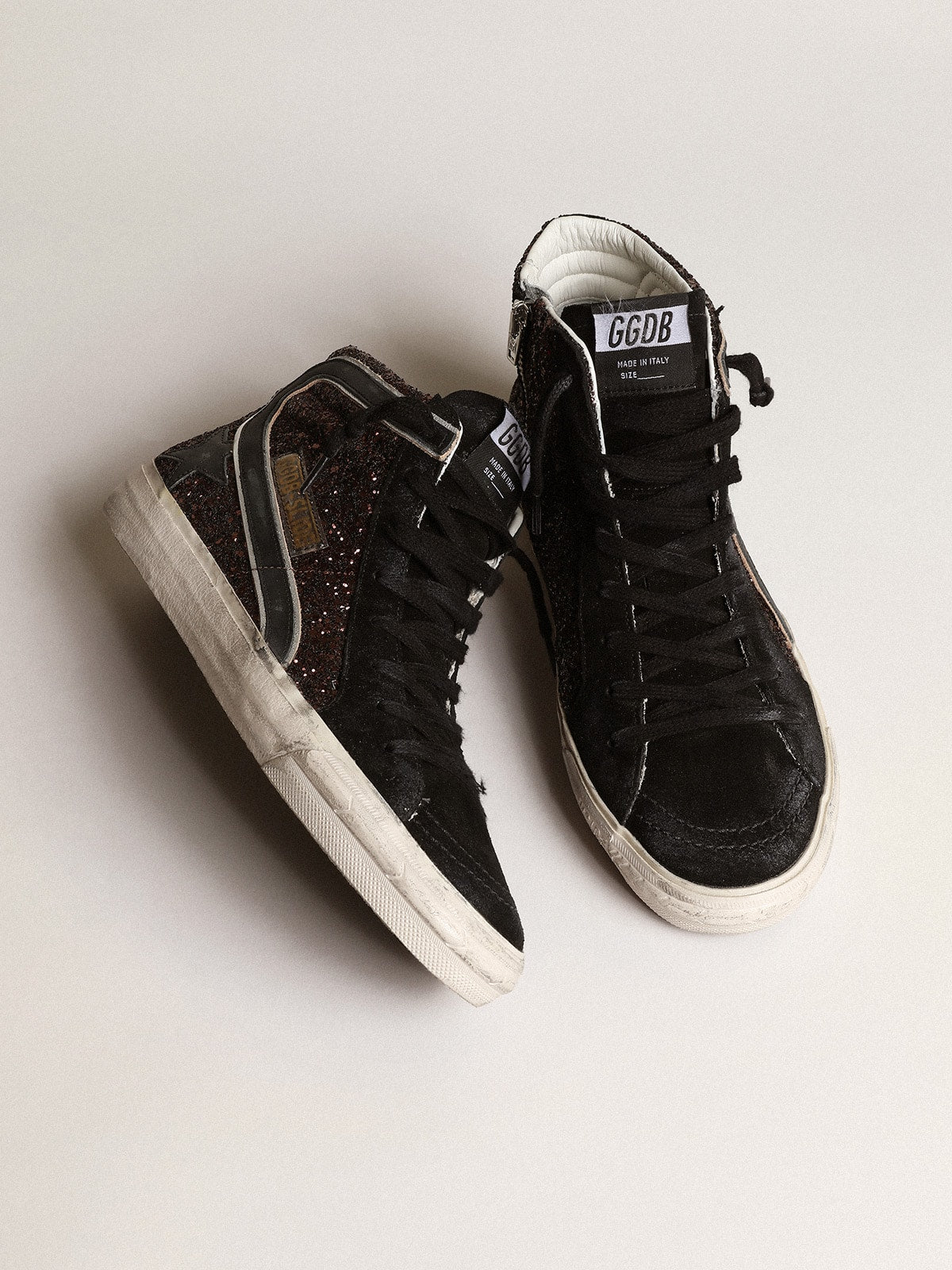 Slide in brown glitter with black leather star and flash| Golden Goose