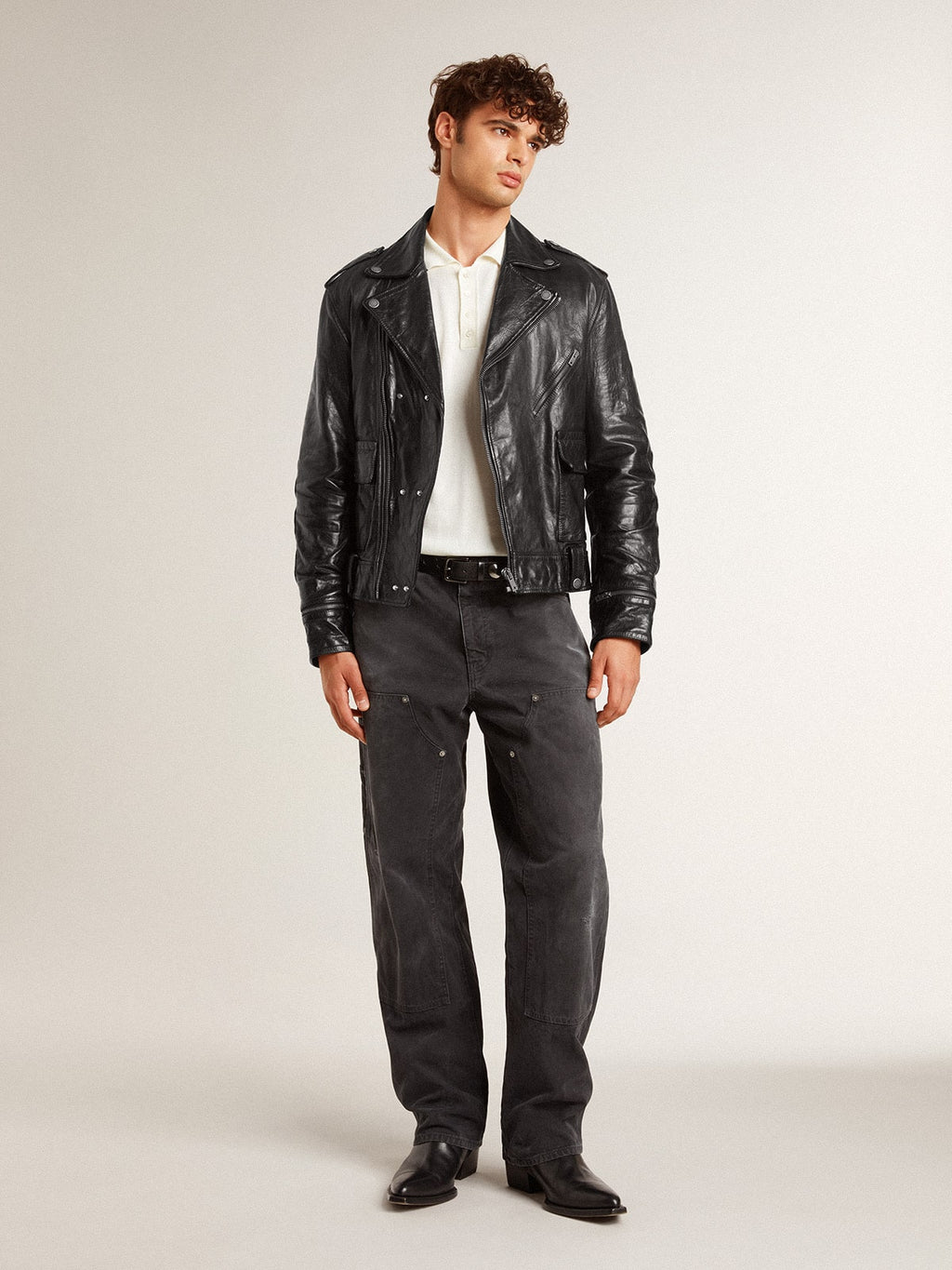 Men's black leather biker jacket with glossy effect| Golden Goose