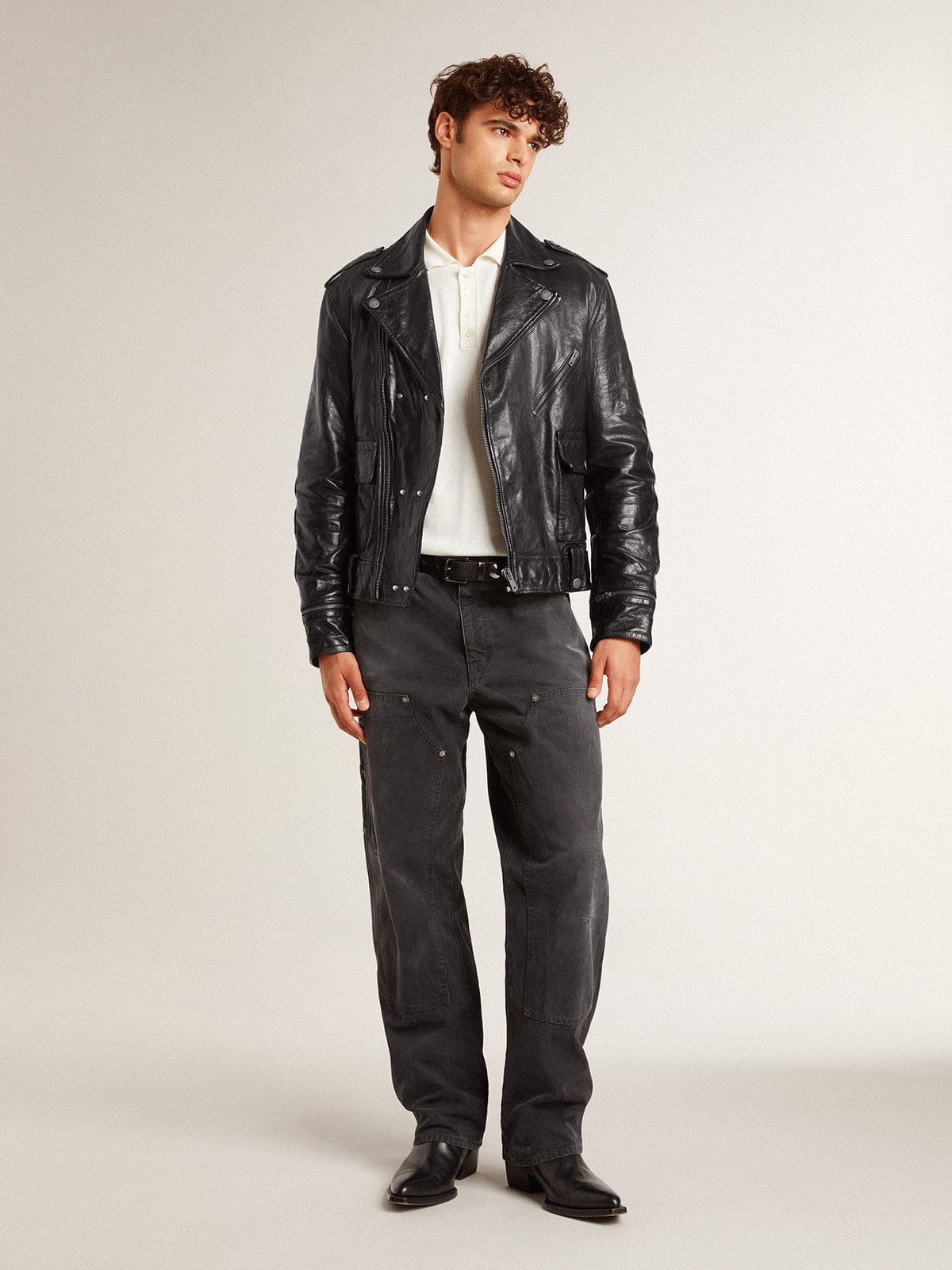 Men's black leather biker jacket with glossy effect| Golden Goose