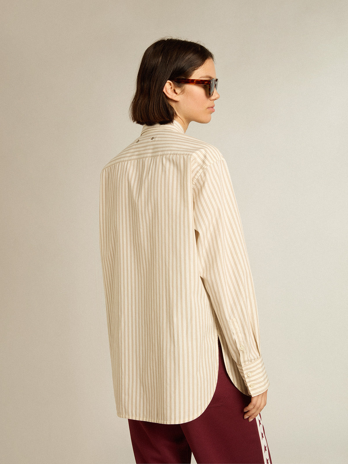 Women's white cotton shirt with beige stripes| Golden Goose