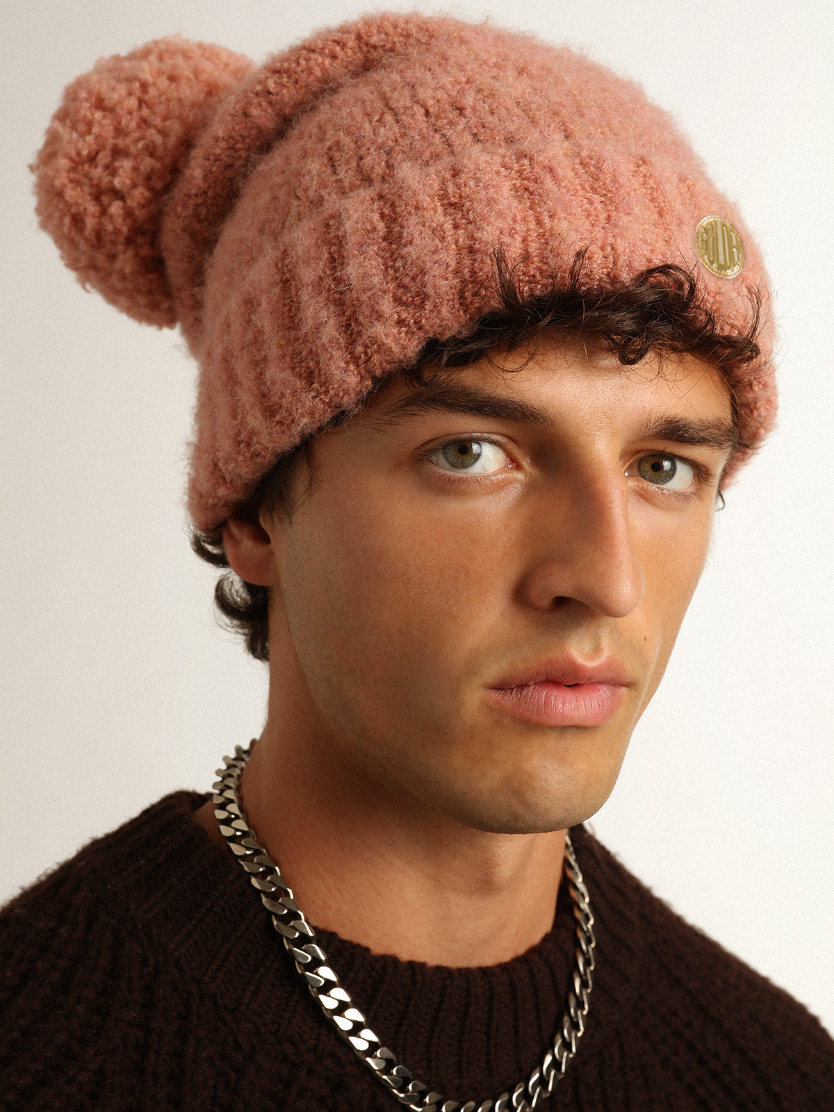 Pale pink wool beanie with pompom| Golden Goose