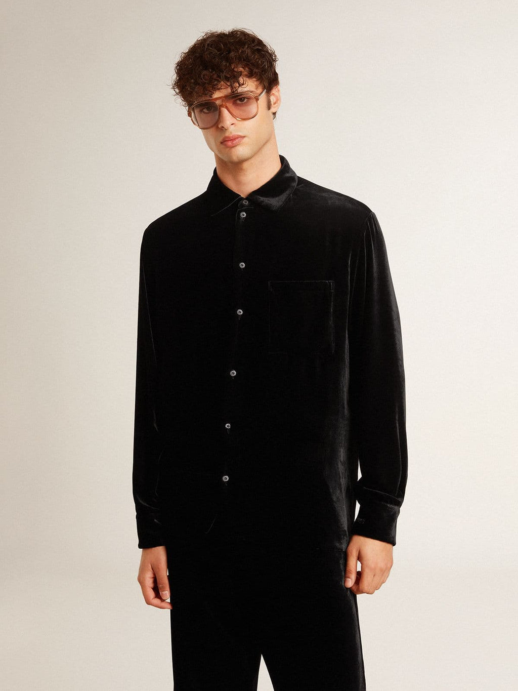 Velvet-effect black shirt with embroidery| Golden Goose