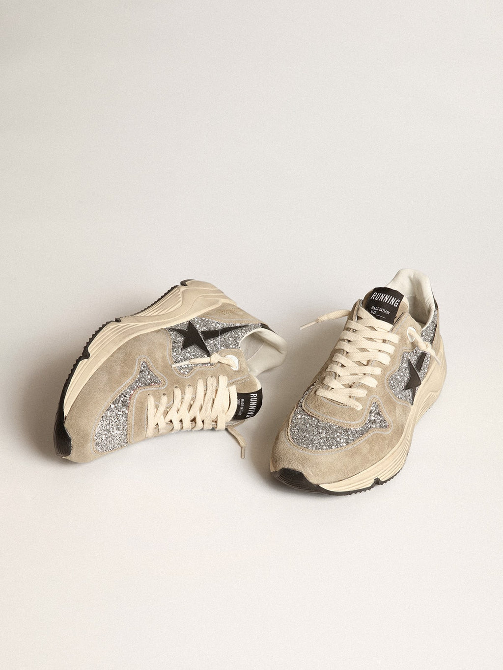 Women's Running Sole in silver glitter and dove gray suede| Golden Goose