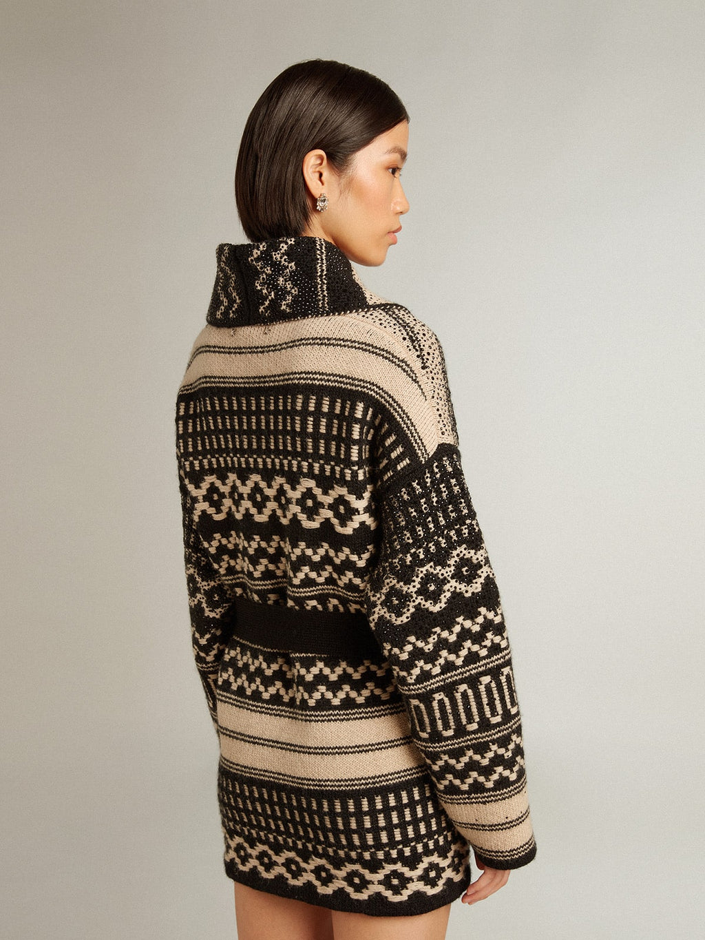Women's cardigan in ecru wool with jacquard design and belt