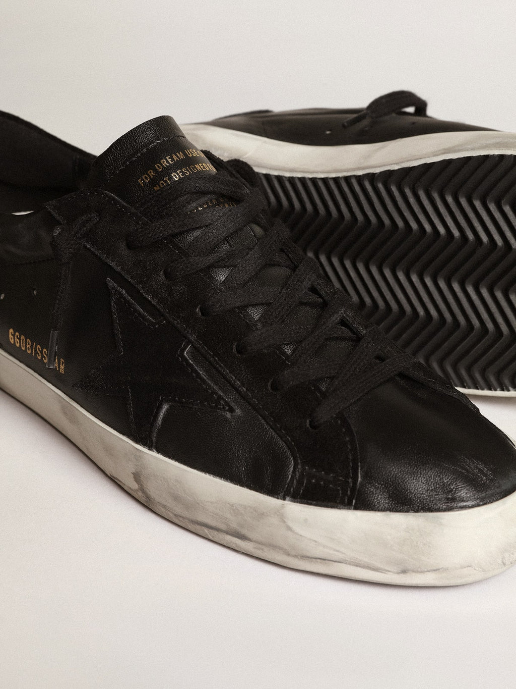 Men's Super-Star in black nappa with black suede star and heel tab| Golden Goose