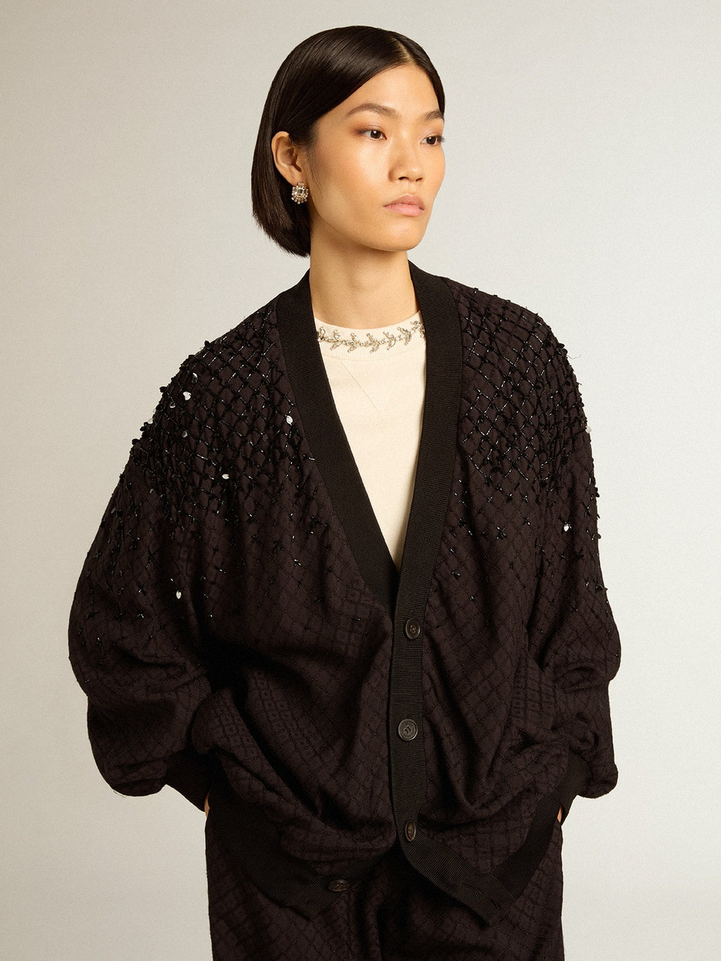 Women's black cardigan with shaded embroidery| Golden Goose