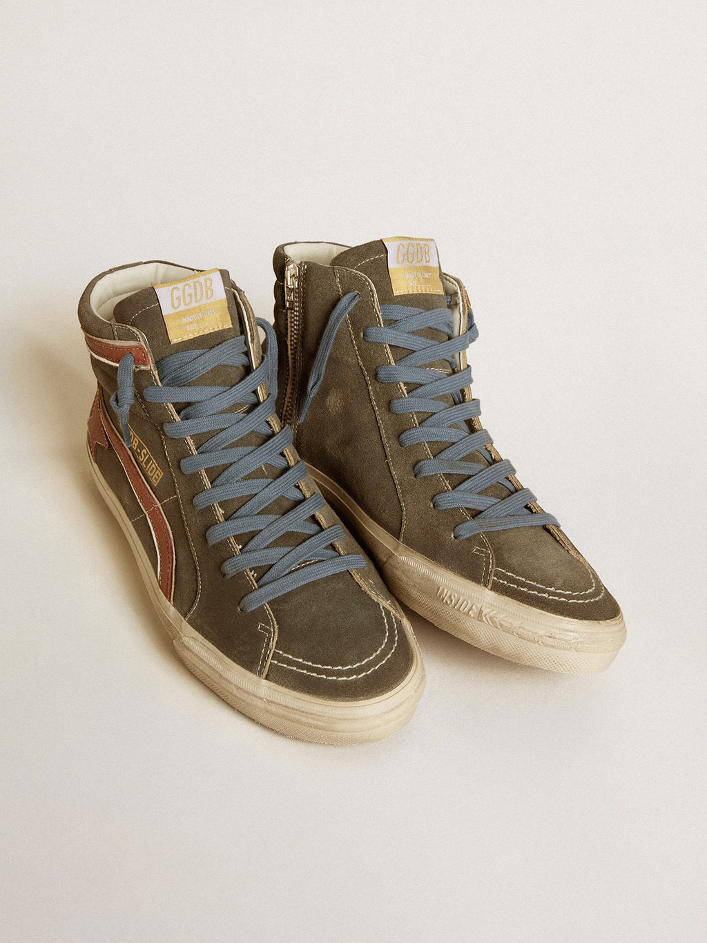 Slide in gray suede with brown nubuck star and flash| Golden Goose