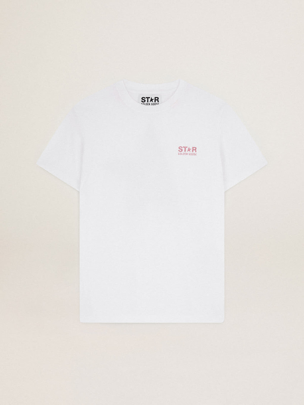 Women's white T-shirt with pink glitter logo and star| Golden Goose