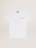 Women's white T-shirt with pink glitter logo and star| Golden Goose