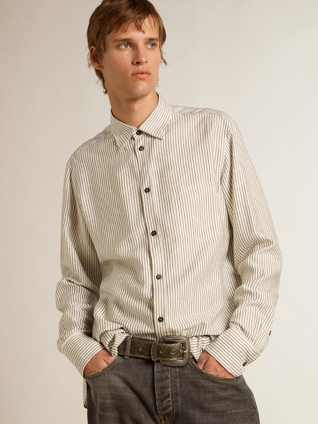 Men's white viscose shirt with narrow black stripes| Golden Goose