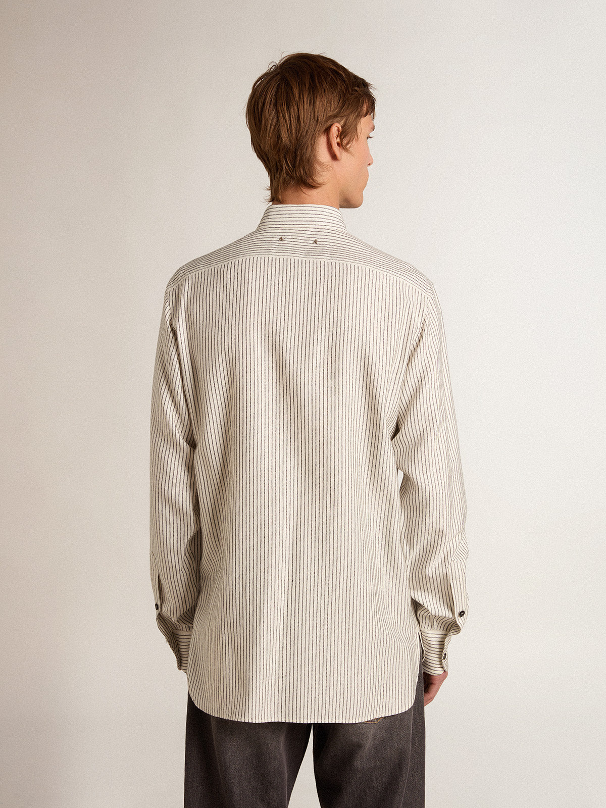 Men's white viscose shirt with narrow black stripes| Golden Goose