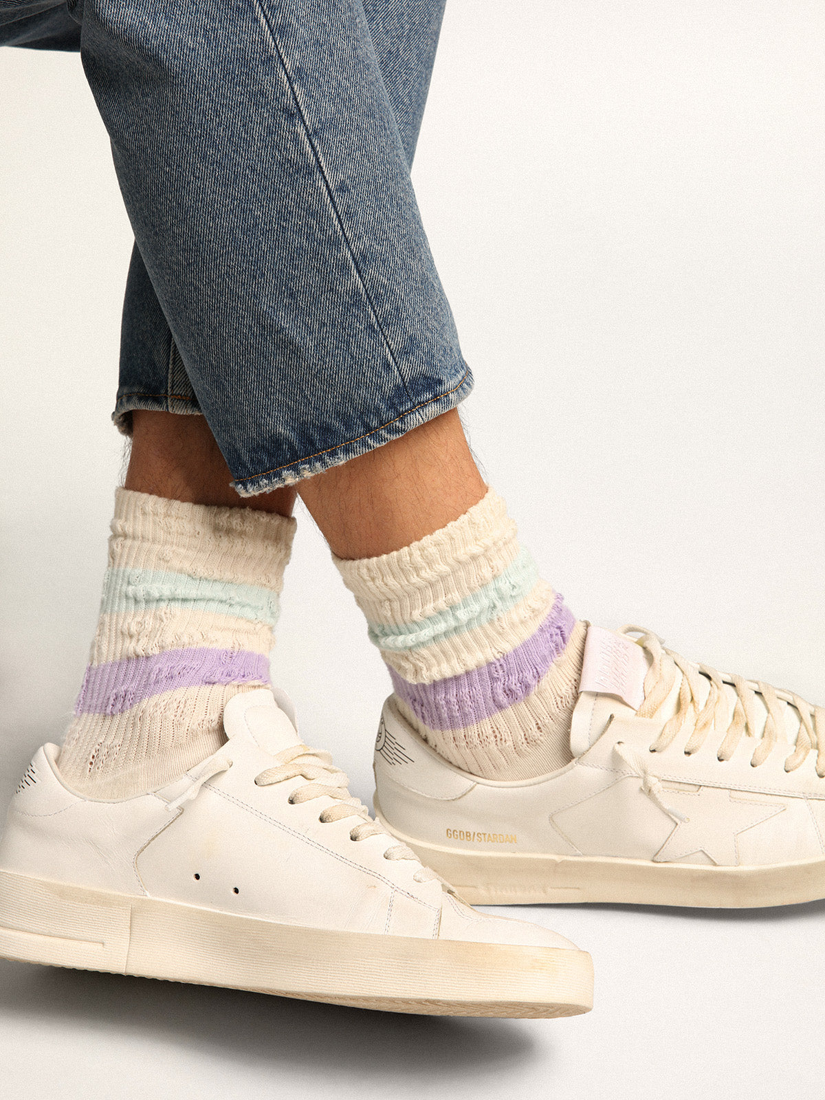 Distressed-finish white socks with lilac and baby blue stripes| Golden Goose