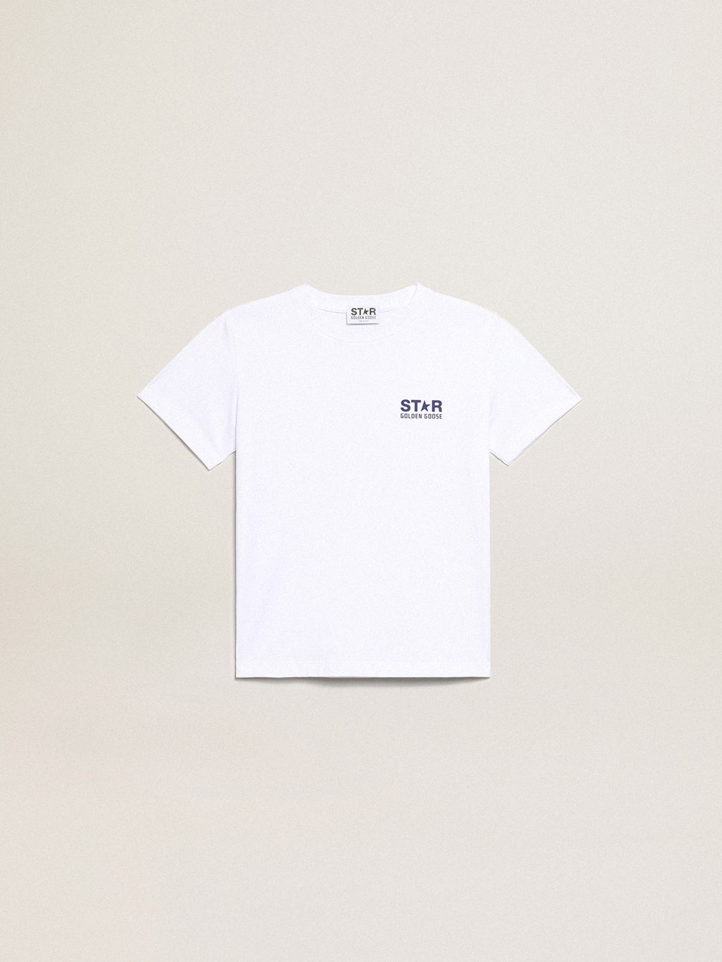 Boys' white T-shirt with contrasting dark blue logo and star| Golden Goose