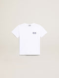 Boys' white T-shirt with contrasting dark blue logo and star| Golden Goose