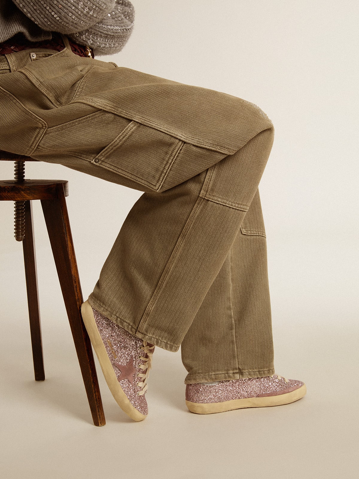 Super-Star LTD in glitter with suede star and silver heel tab| Golden Goose