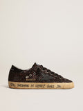 Super-Star in brown glitter with black leather star and heel tab| Golden Goose
