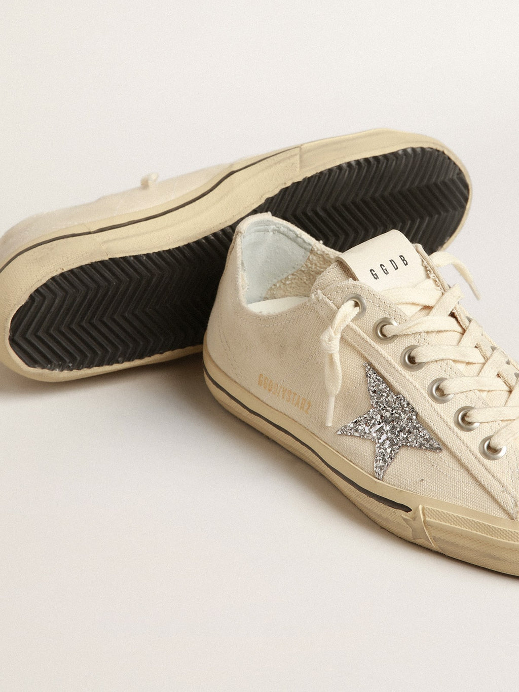 V-Star in beige canvas with a silver glitter star| Golden Goose