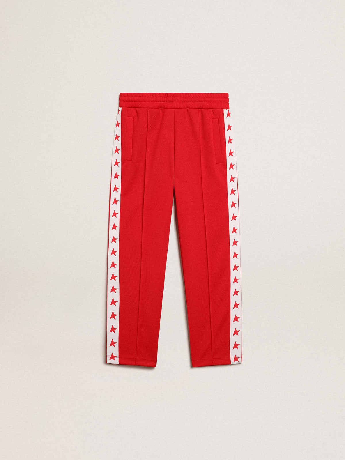 Red joggers with white stripe with contrasting red stars| Golden Goose
