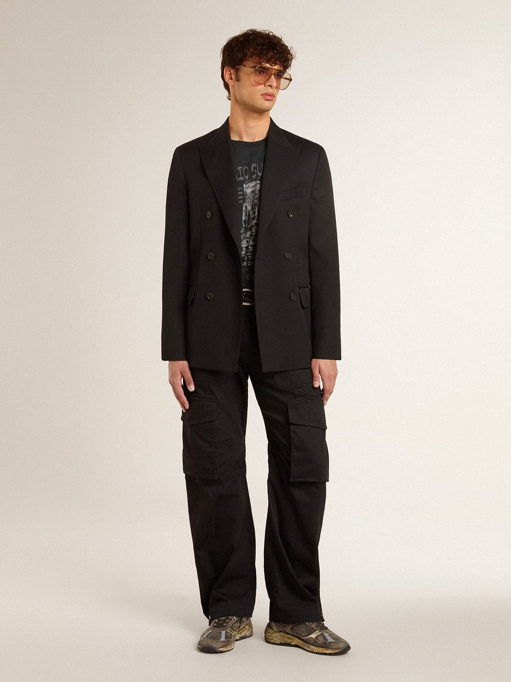 Men's worn-black cotton T-shirt with print on the front| Golden Goose