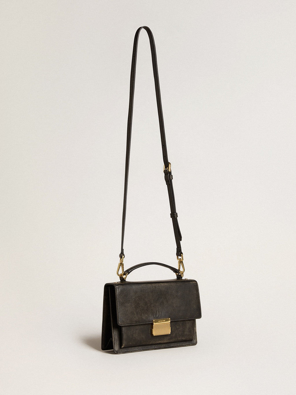 Venezia Bag in black distressed leather with gold details| Golden Goose