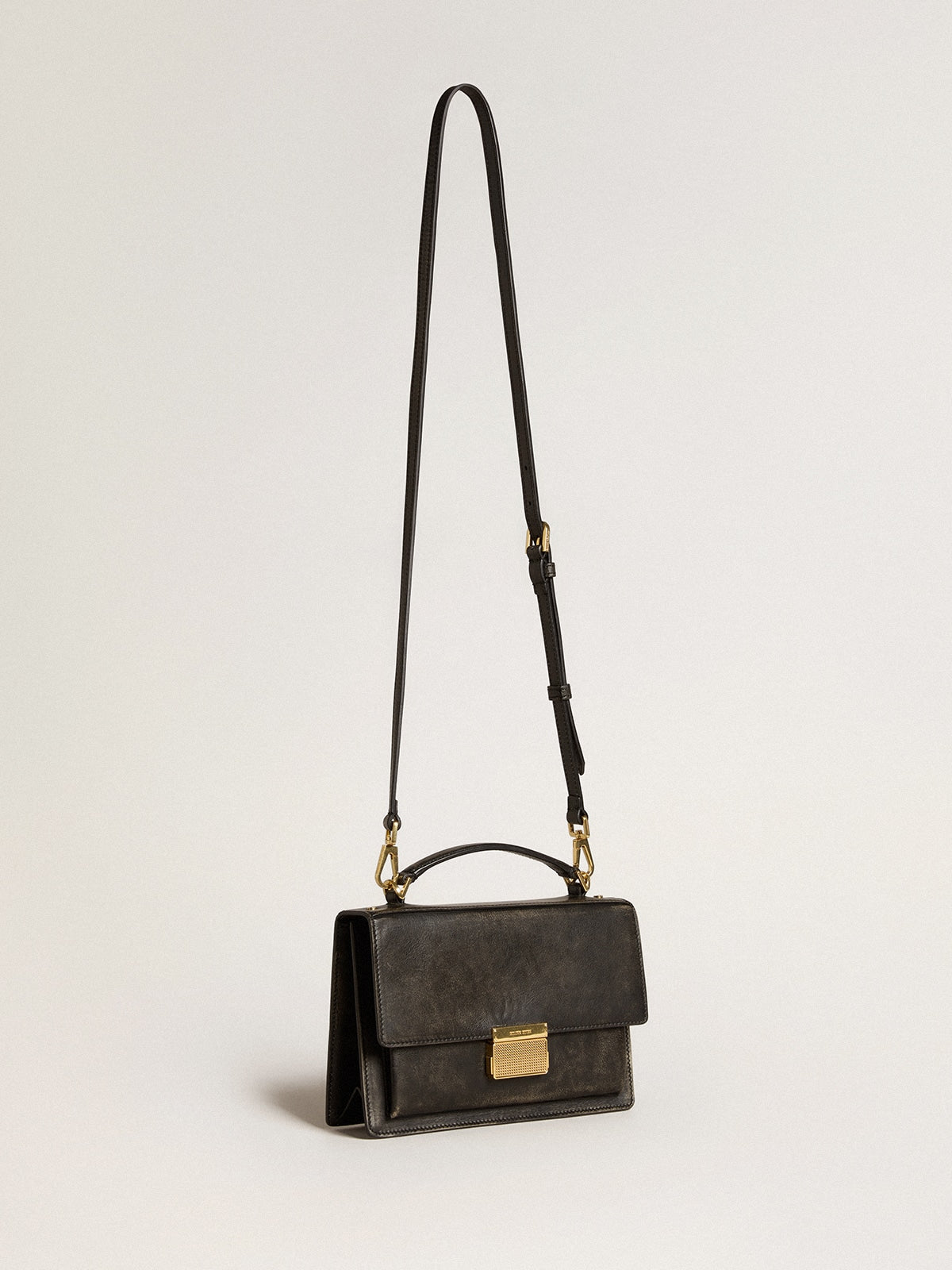Venezia Bag in black distressed leather with gold details| Golden Goose