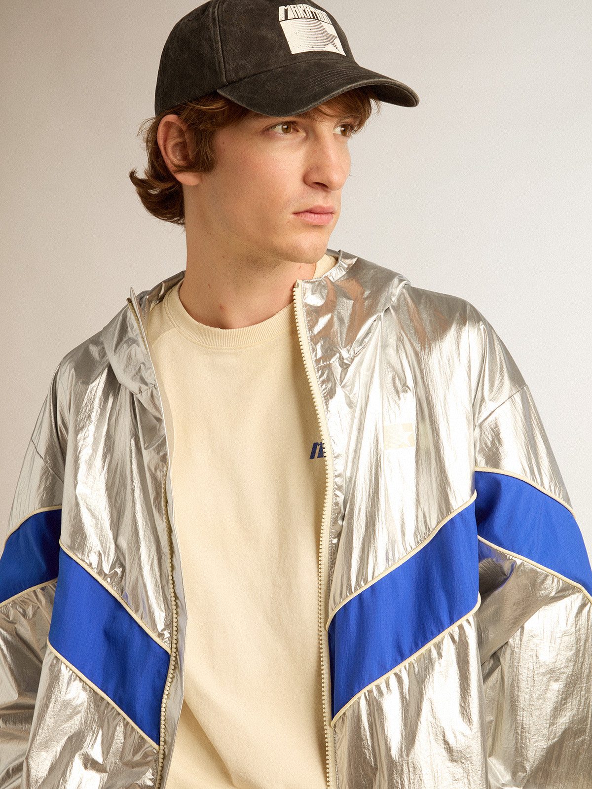 Aged white cotton T-shirt with blue Marathon logo| Golden Goose
