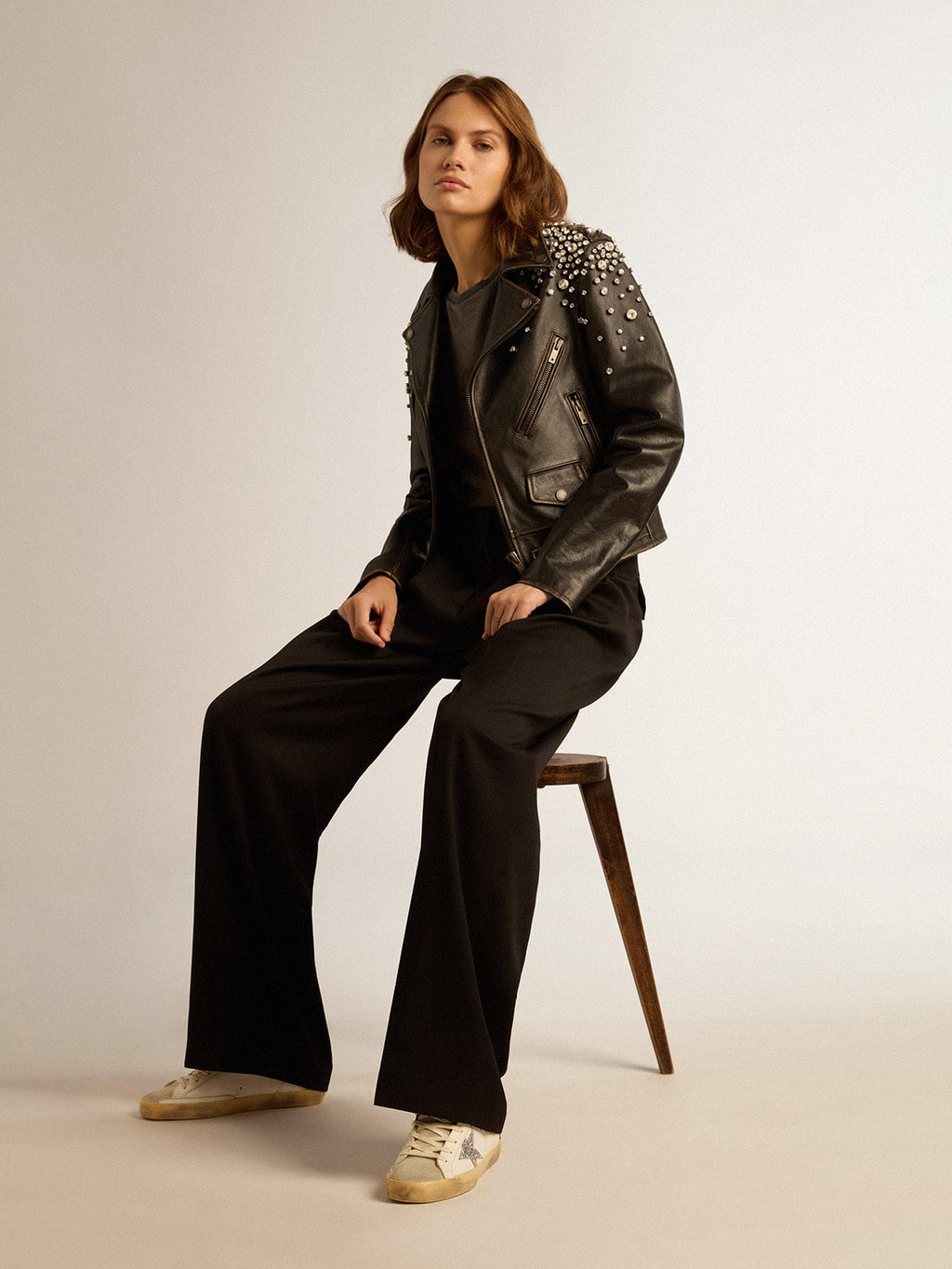 Women's leather biker jacket with crystals| Golden Goose