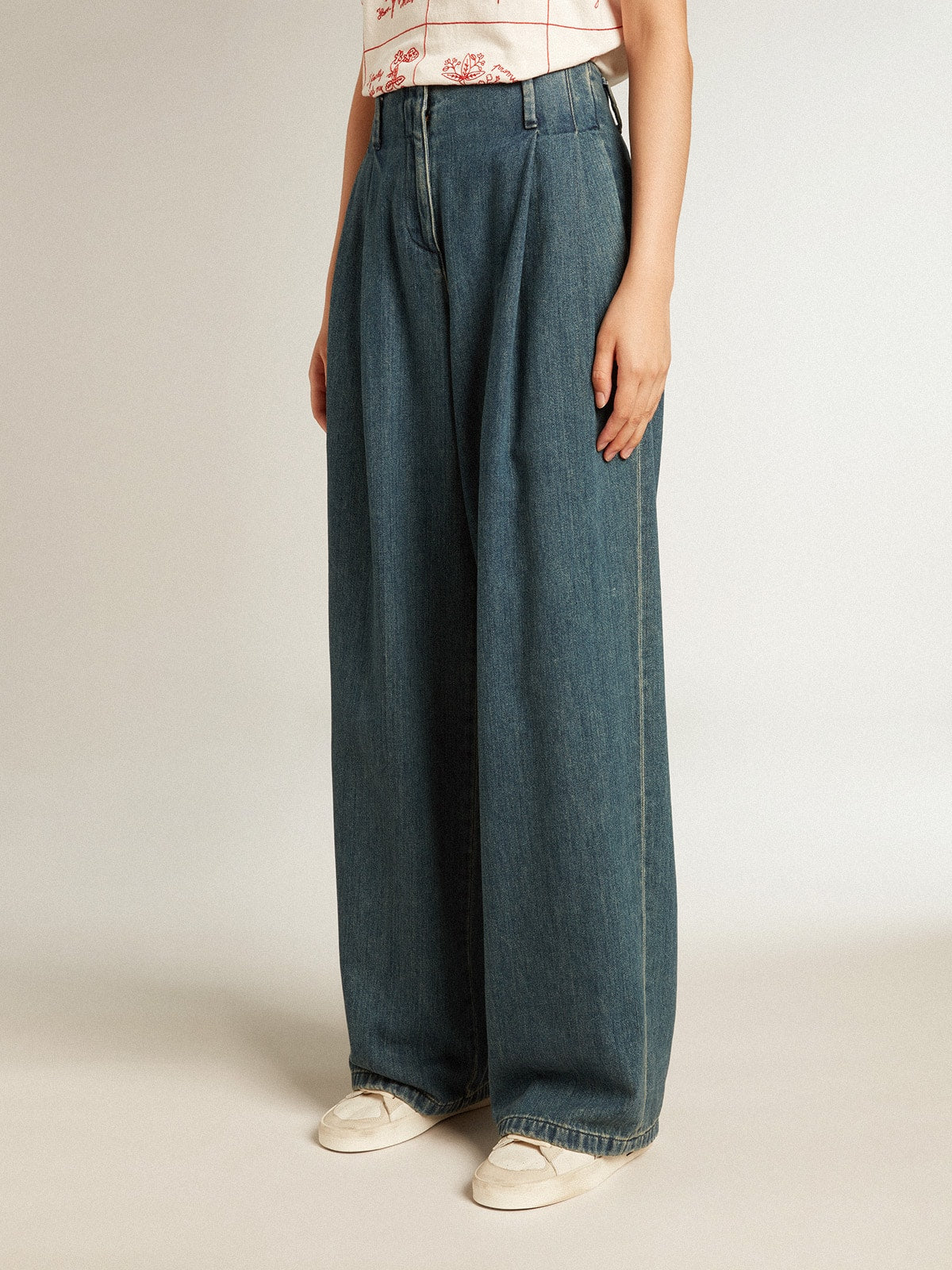 Women's blue cotton pleated pants| Golden Goose