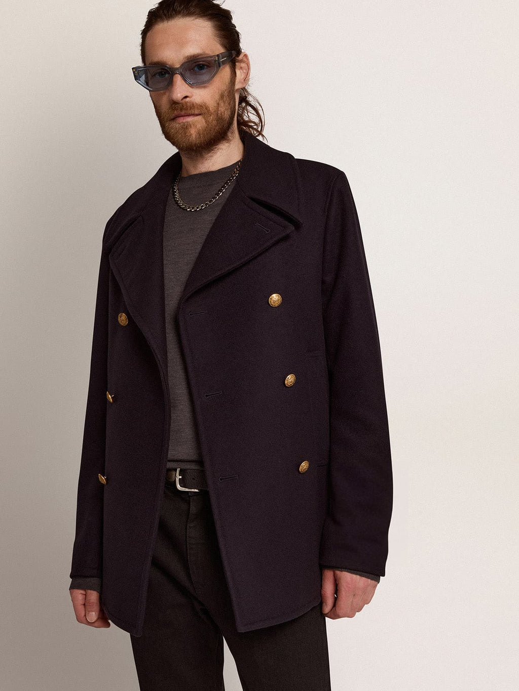 Men's double-breasted coat in dark blue wool with gold buttons| Golden Goose