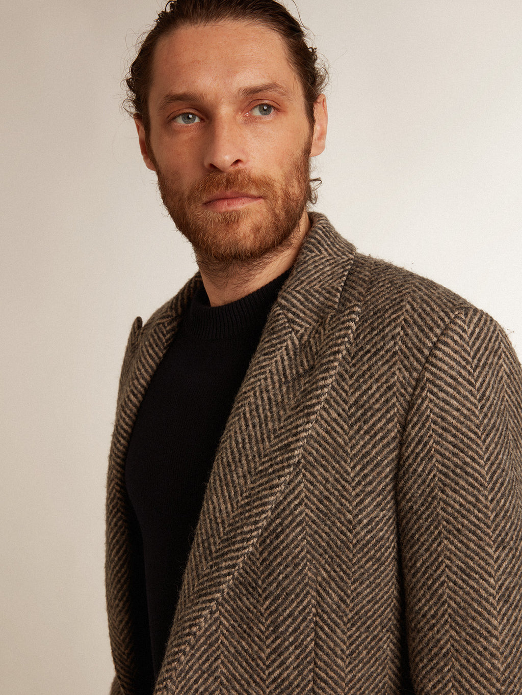 Men's single-breasted wool coat with beige and gray herringbone weave| Golden Goose