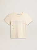 Women's aged white cotton T-shirt with print and embroidery