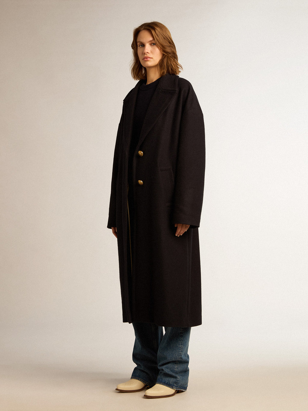 Women's single-breasted cocoon coat in dark blue wool with gold button| Golden Goose