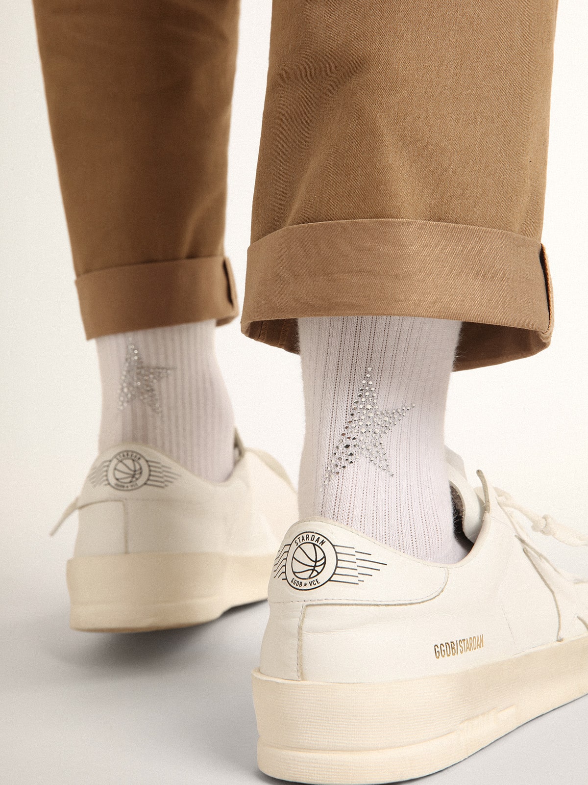 White socks with crystal star on the back| Golden Goose