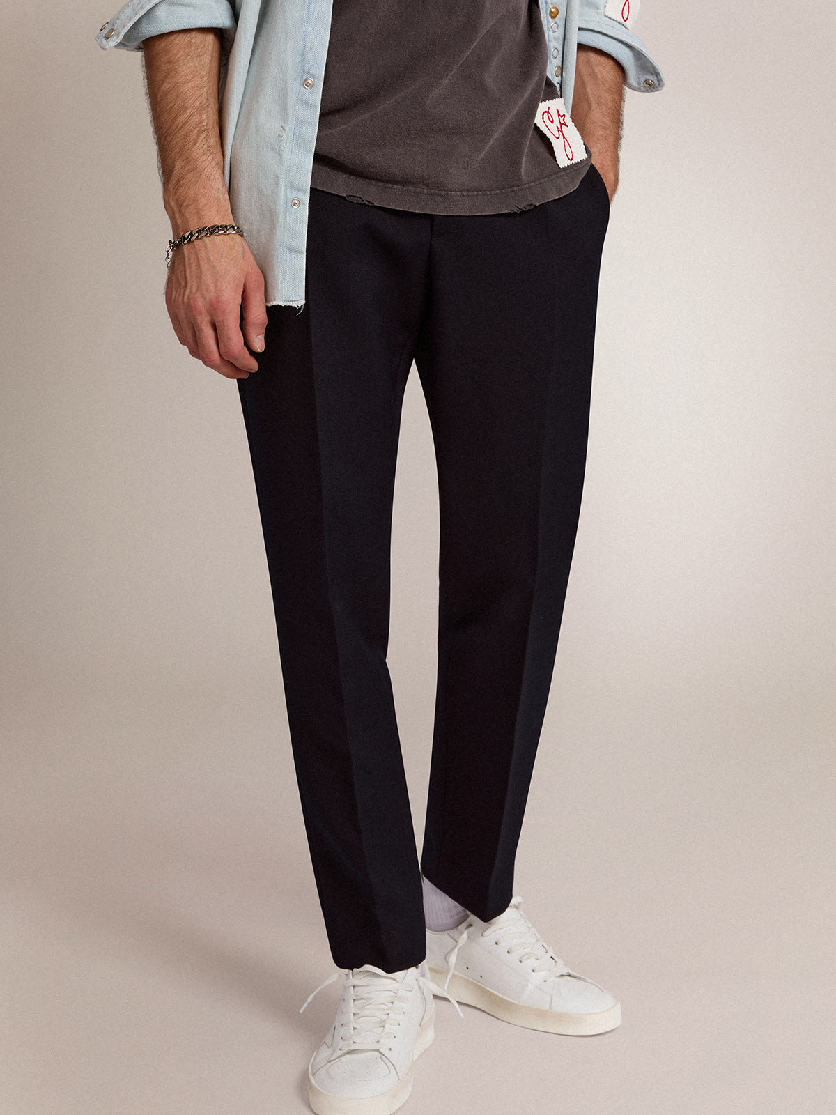 Men's pants in dark blue wool| Golden Goose