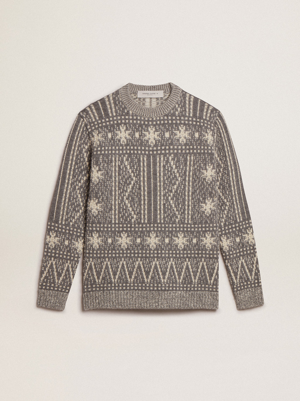 Round-neck sweater with gray Fair Isle motif| Golden Goose