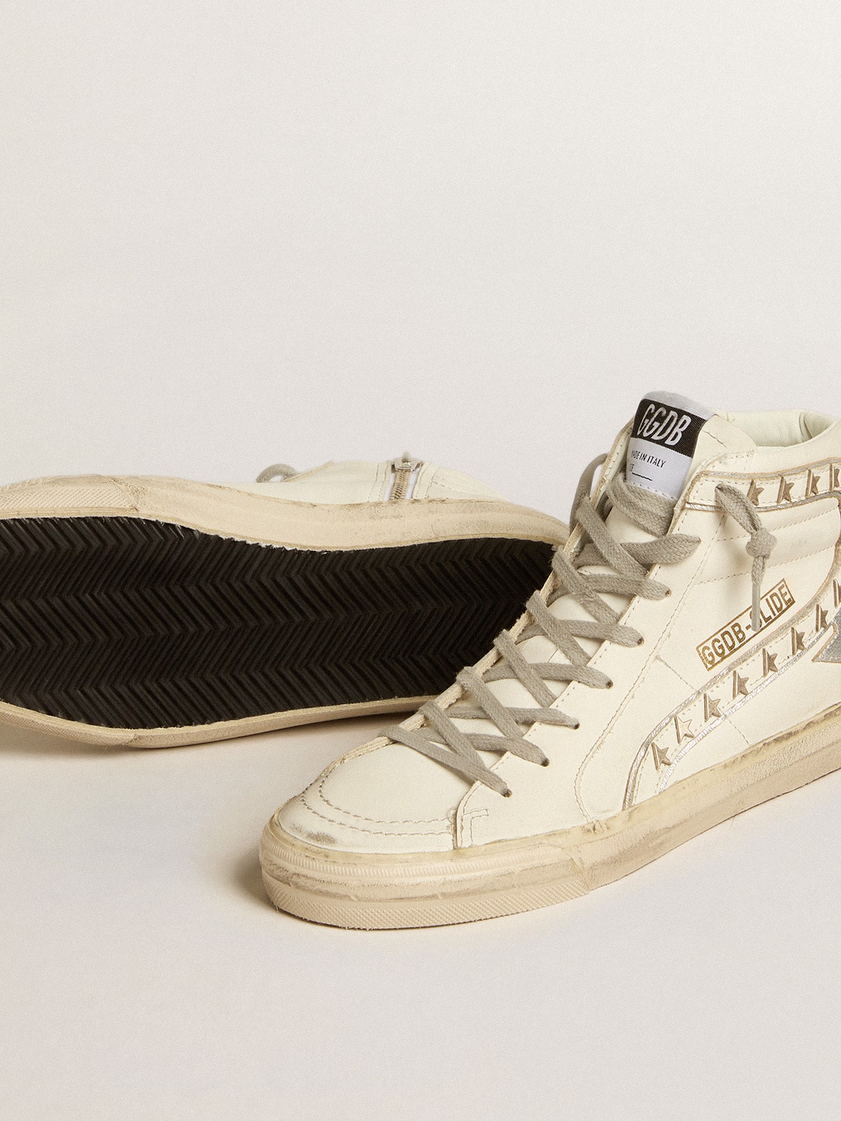 Slide with silver metallic leather star and leather flash with stars| Golden Goose