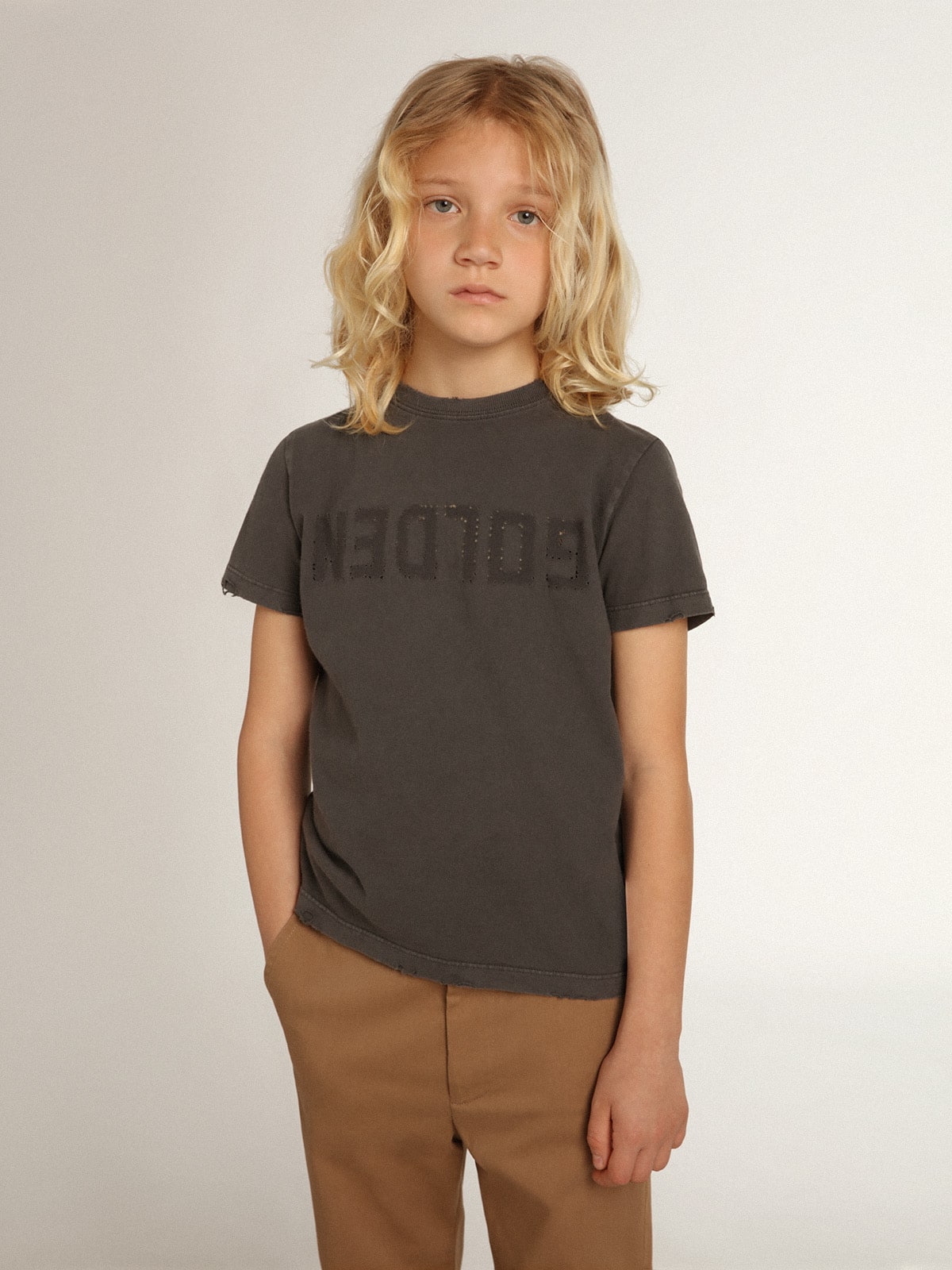 Boys' T-shirt in gray with distressed treatment| Golden Goose