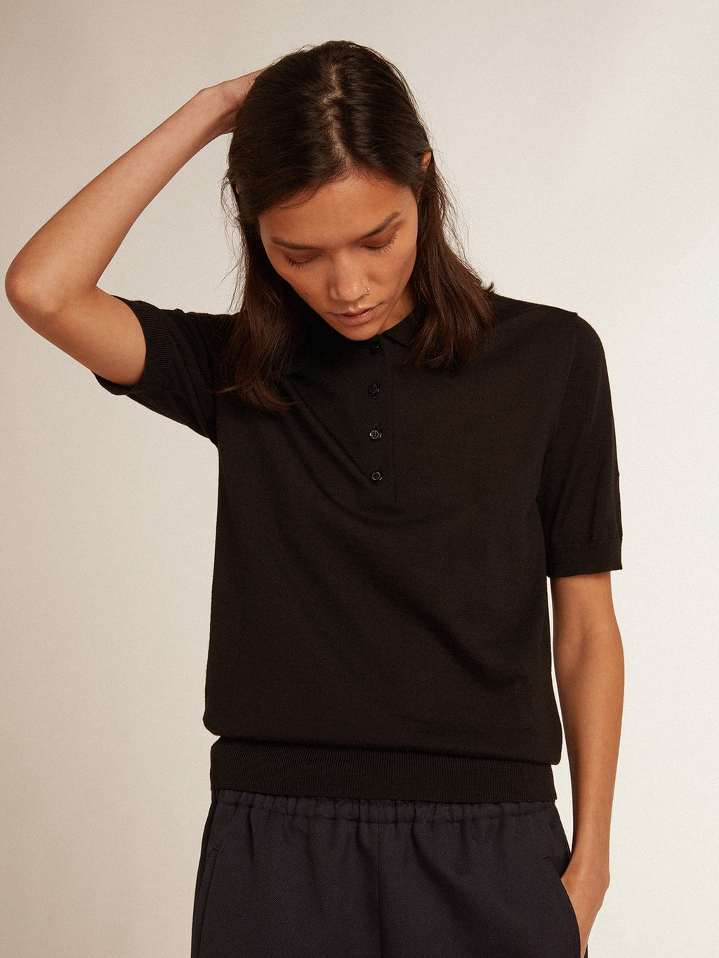 Women's polo shirt in black merino wool| Golden Goose