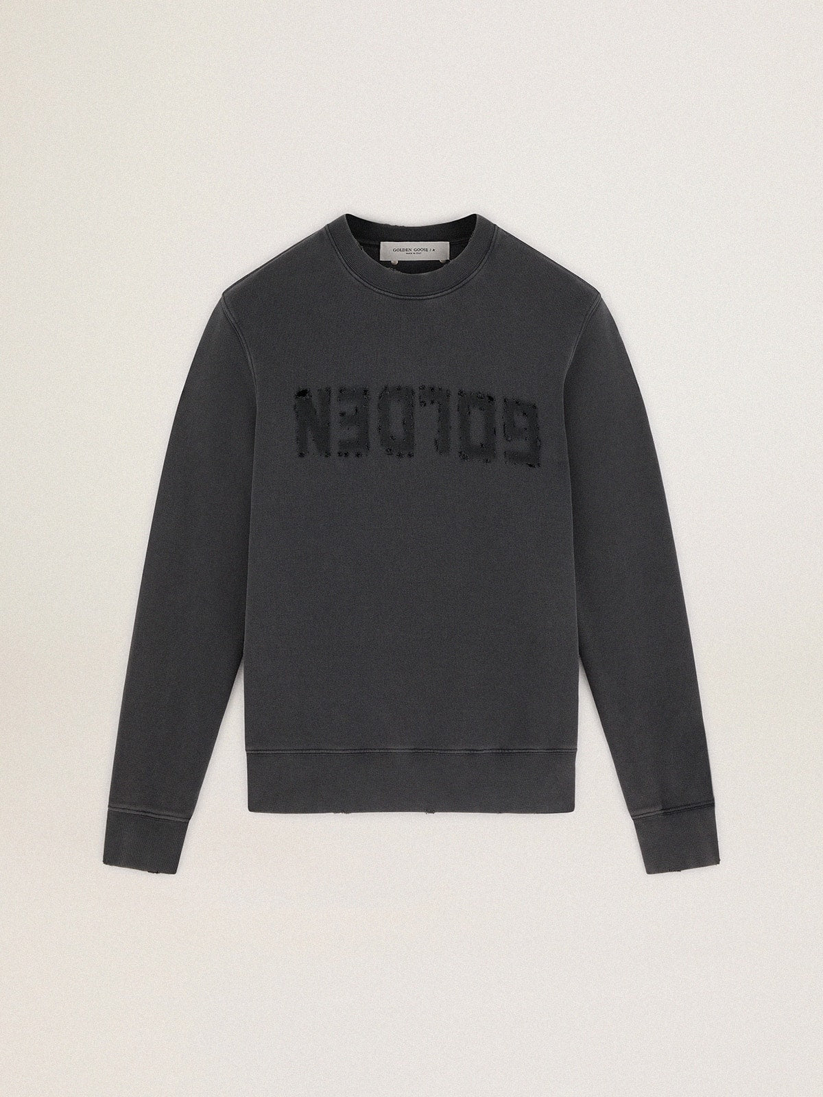 Men's gray sweatshirt with logo and distressed treatment| Golden Goose