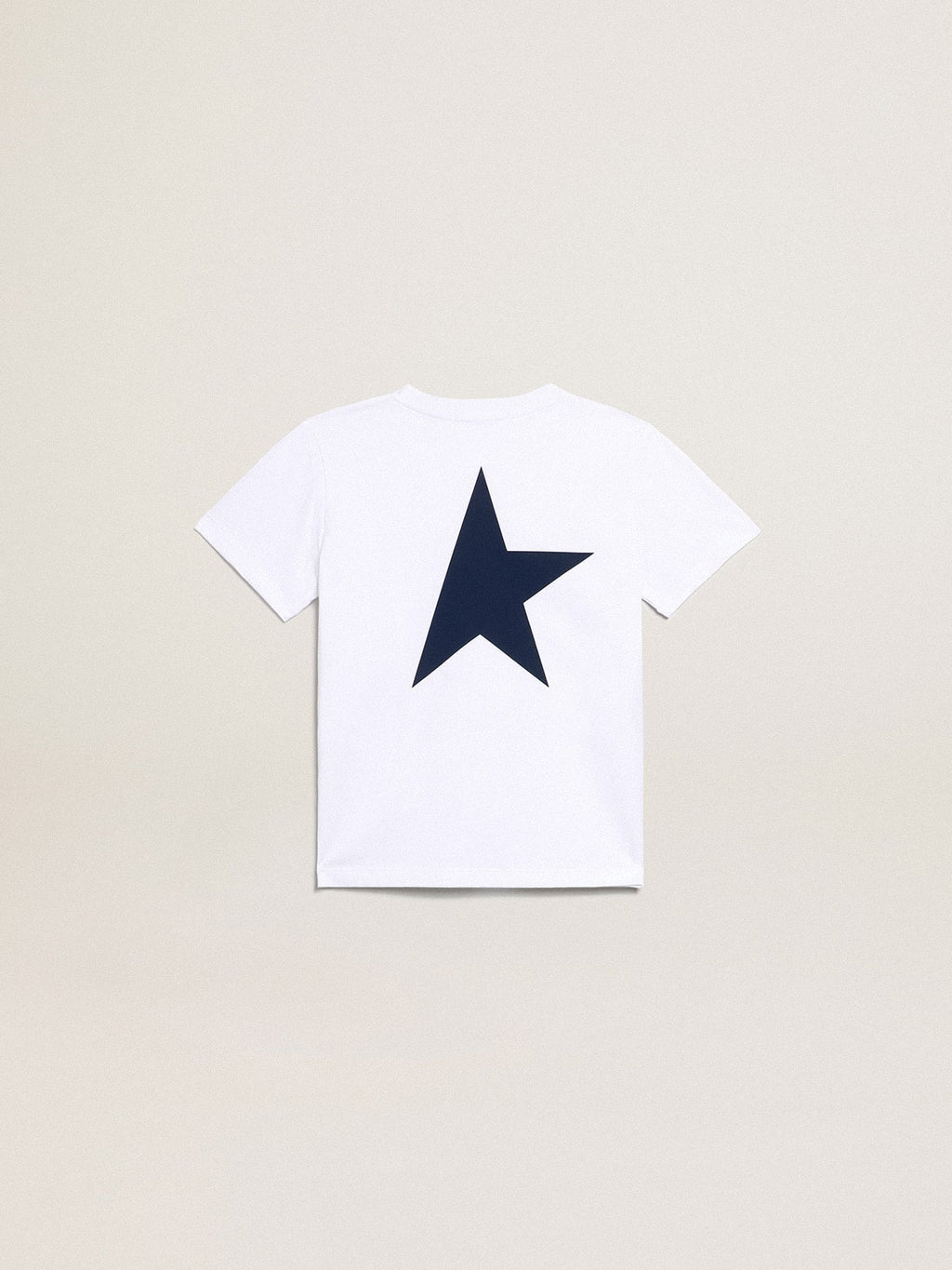Boys' white T-shirt with contrasting dark blue logo and star| Golden Goose