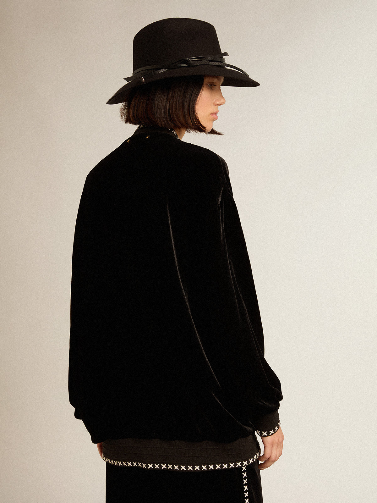 Black velvet jacket with floral embroidery on the front| Golden Goose