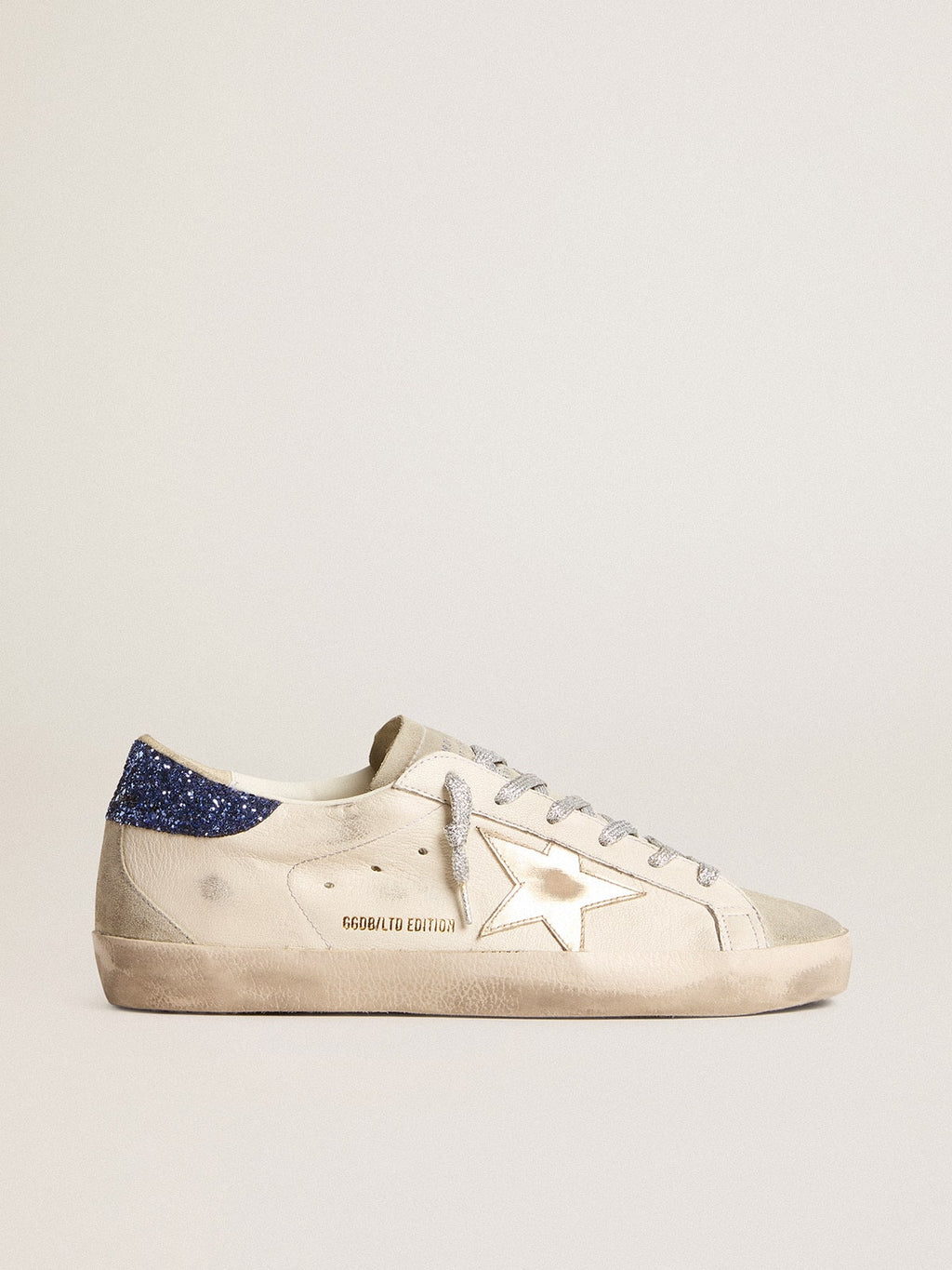 Women's Super-Star LTD in nappa leather with platinum star and blue glitter heel tab| Golden Goose